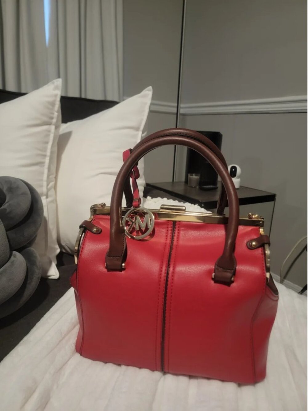Chic Red & Brown Structured Satchel Handbag with Gold Hardware